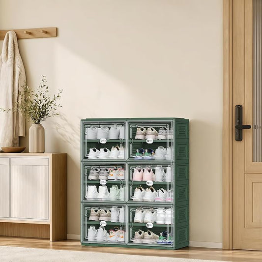 Foldable Shoe Cabinet with Magnetic Clear Doors, Wide Design Shoe Rack for Entryway, Portable Shoe Organizer Meeting Diverse Storage Needs (Green, 2Row 6Tier)