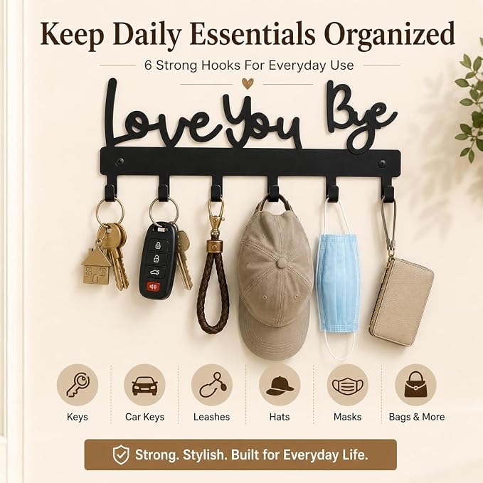 Love You Bye Sign Key Holder Hook Wall Mounted Key Holder Rack Organizer Hanger with 6 Hooks for Wall Express Love Art Decor for Entryway Front Door Kitchen Hallway Office (Love You Bye)