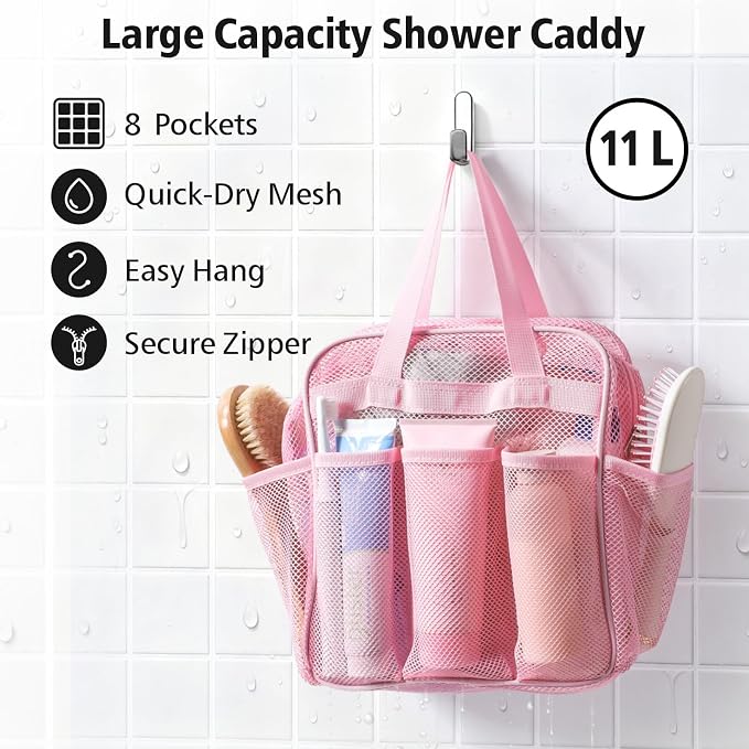 Mesh Shower Caddy Portable with Zipper - 2-Handle Shower Bag for Dorm | 8 Deep Pockets, S-Hook, Quick-Dry Mesh, College Dorm Room Essentials for Girls, Camping, Gym, Travel & Bathroom, Pink