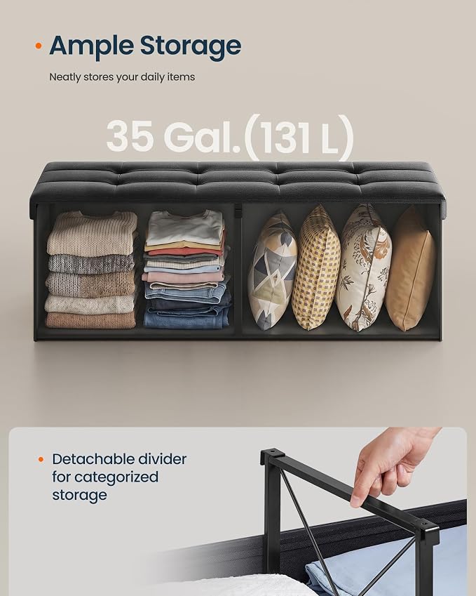 SONGMICS Home Foldable Foot Rest Stool, Storage Ottoman, Tufted Design, PU Leather, Easy Assembly and Cleaning, for Entryway, Living Room, Bedroom, 43.2 Inches, Black