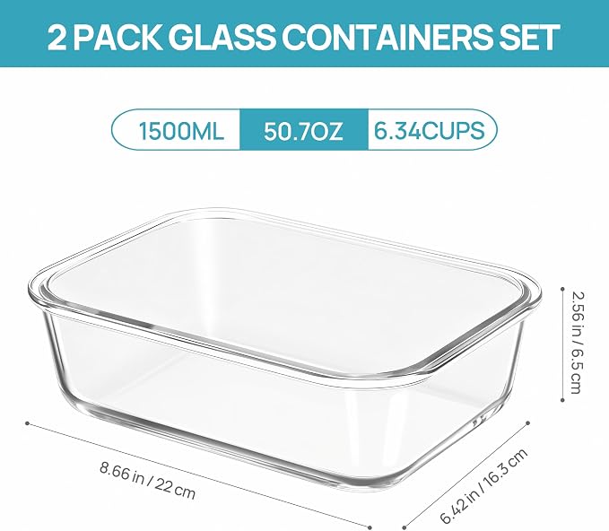 Vtopmart 2Pack 1500ml/50.7oz Large Glass Storage Containers With Lids, Grey | Meal Prep Food Container Set with Snap Airtight Lid, For Baking, Microwave, Oven, Leak Proof, Freezer, Dishwasher, BPA Free