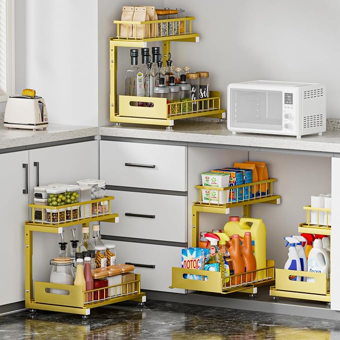 2-Pack L-Shaped Under Sink Organizer, 2-Tier Pull-out Cabinet Rack | Gold Height-Adjustable Metal Rack, Sliding Grid Drawers with Safety Stopper, Holds 100 Lbs, Ideal Kitchen Cabinet Storage