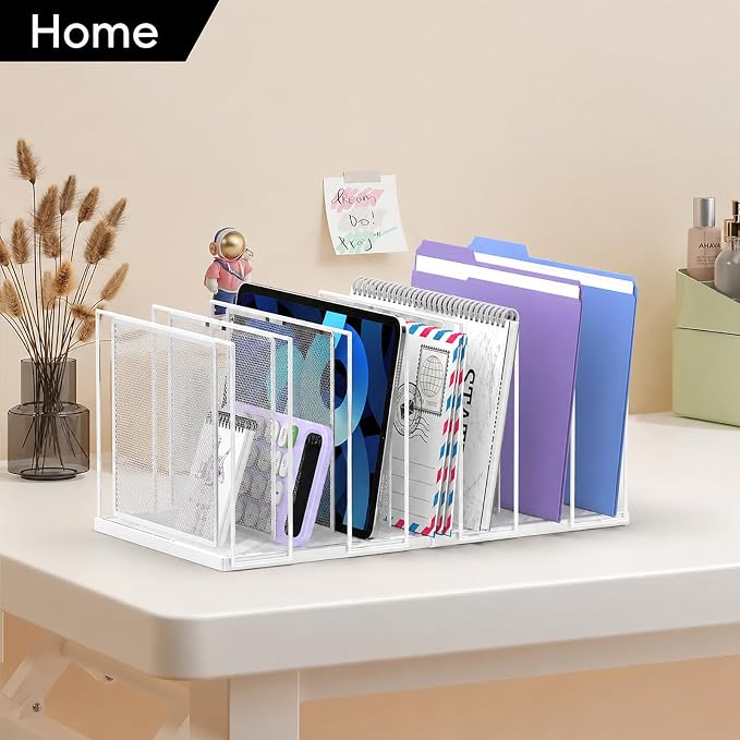 File Organizer for Desk, 7-Section Vertical File Sorter, Paper Holder Organizer Standing Metal File Folder for Office Home Classroom, White