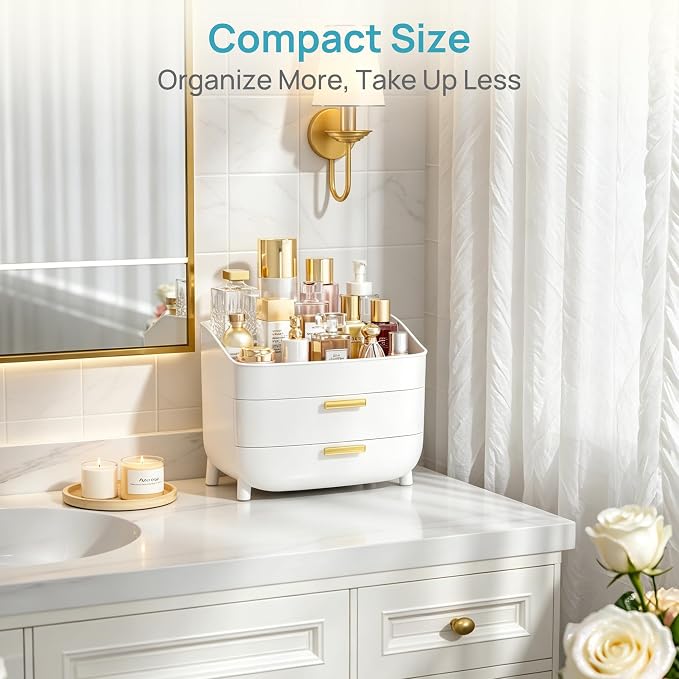 Vtopmart 3-Tier Skincare Makeup Organizer with Drawers, White | For Vanity,Dresser and Bathroom Countertop, Large Cosmetic Storage Box Case, , With Drawer, Non-Slip Base