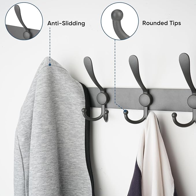 TICONN Wall Mounted Coat Rack, Five Heavy Duty Tri Hooks All Metal Construction for Jacket Coat Hat in Mudroom Entryway (Space Gray, 2-Pack)