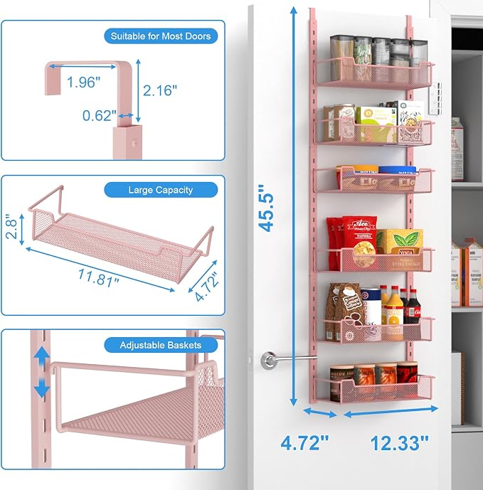 VyGrow 12.3" W Narrow Over the Door Pantry Organizer, 6-Tier Over the Door Organizer with Adjustable Basket, Pantry Door Organization for Pantry Kitchen Storage Room Spice Rack, Pink