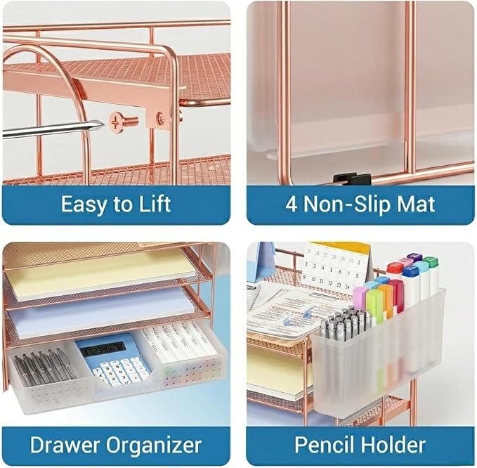 ECOLOVI Desk Organizer, 4-Tier Paper Organizer Letter Tray with File Holder, Drawer and 2 Pen Holders, Desktop File Organizer for Office Supplies, Workspace Storage, Rose Gold