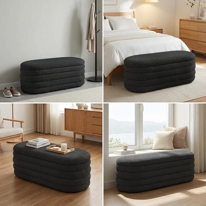 Storage Ottoman Bench, 45'' Upholstered Boucle Ottoman with Storage, Aesthetic End of Bed Bench for Bedroom Living Room Entryway, Black
