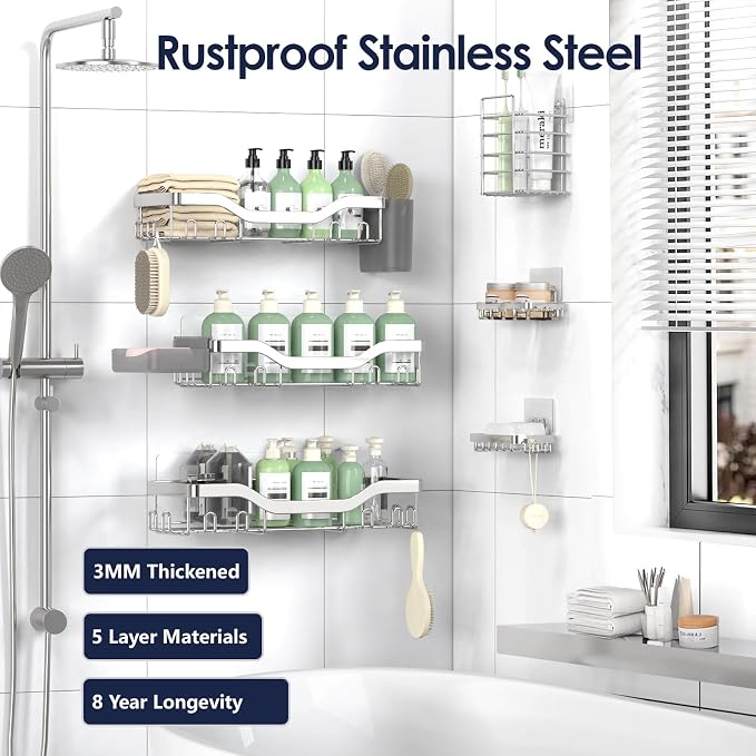 NESOMI Shower Caddy Adhesive Shower Organizer 8-Pack, Rustproof Stainless Steel Bathroom Shelves, Large Capacity No-Drill Rack Storage Accessories with Soap Dish Toothbrush Holder Hooks