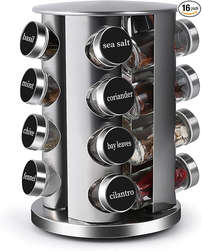 DOUBLE 2 C Revolving Countertop Spice Rack Stainless Steel Seasoning Storage Organization,Spice Carousel Tower for Kitchen Set of 16 Jars (16Jars)