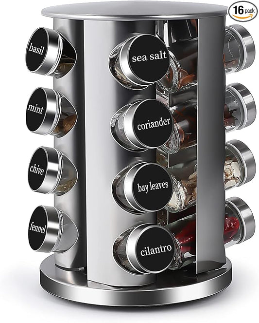 DOUBLE 2 C Revolving Countertop Spice Rack Stainless Steel Seasoning Storage Organization,Spice Carousel Tower for Kitchen Set of 16 Jars (16Jars)