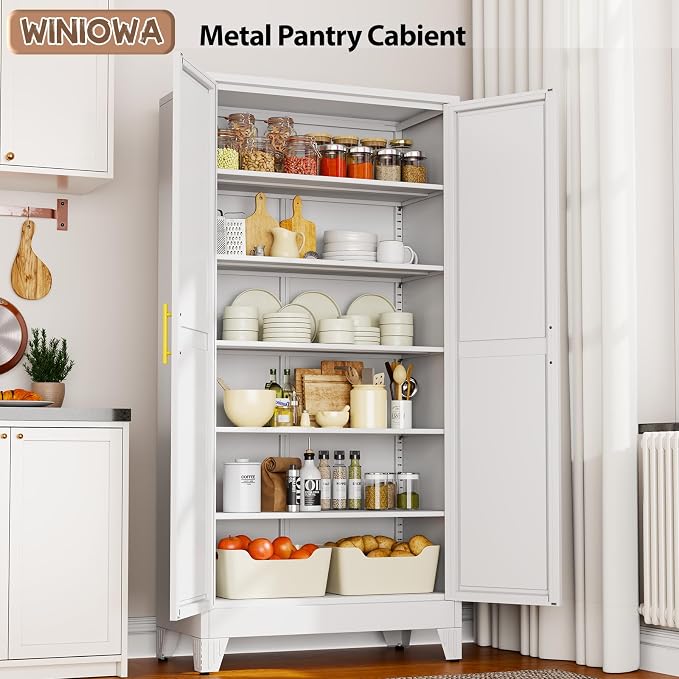 winiowa Tall Metal Kitchen Pantry Storage Cabinet with 2 Doors and 5 Adjustable Shelves - 75.2" Kitchen Cabinet with Gold Handles for Kitchen, Bathroom, Dining Room, Living Room - White