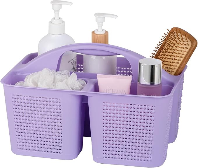 Plastic Portable Shower Caddy Basket with Handle, 3 Compartments, Purple | Storage Organizer with Drain Holes, Sturdy and Durable For Bathroom, Kitchen, College Dorm, Sink, Camping