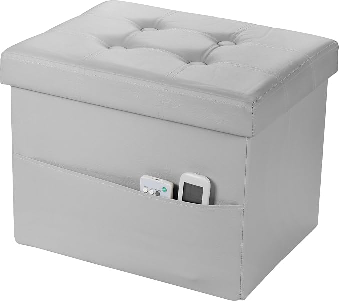 Bsketa Storage Ottoman Bench,16 Inch Folding Leather Foot Rest Stool, Grey | Small Ottoman with Side Pockets, Thicker Foam Padded Seat, Livingroom, Dorm, Bedroom, Easy to install, 38L, 16x12x12in