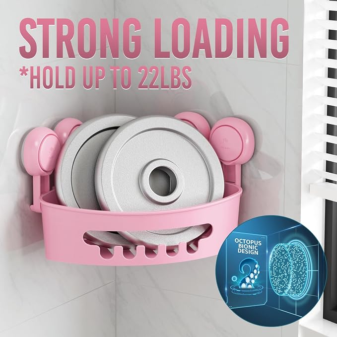 TAILI Corner Shower Caddy with Suction Cups, Wall Organizer Plastic Rack | Small Bathroom Caddy, Removable, Drill-Free, Heavy Duty Shower Basket, PINK