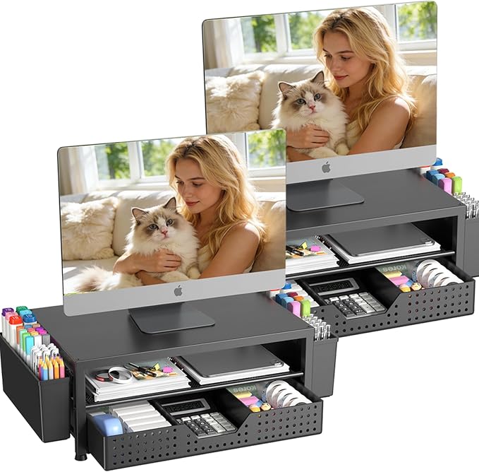 OPNICE Desk Organizers and Accessories, Computer Monitor Stand Riser with Drawer and 2 Pen Holders, Printer & Laptop Stand, Office Desk Accessories & Workspace Organizers for Home Office Supplies, Black 2-Pack