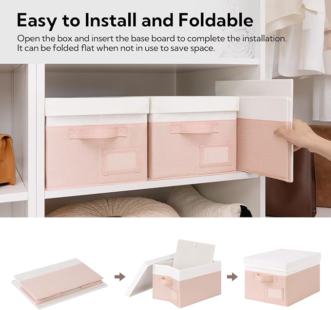 GRANNY SAYS Storage Bins with Lids, Storage Boxes for Organizing, Storage Baskets with Label, Closet Organizers and Storage, Storage Bins for Shelves, Decorative Storage Boxes, 3-Pack, Pink&Ivory