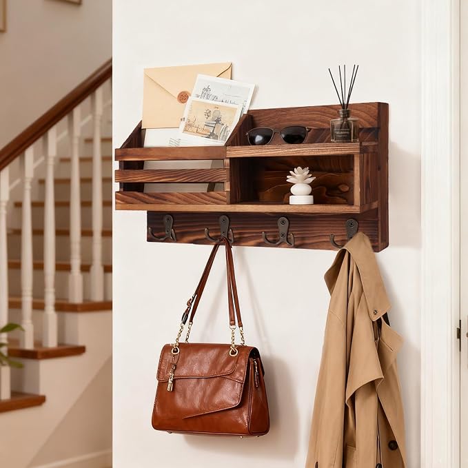 Key and Mail Holder for Wall, Mail Organizer Wall Mount with Shelf, Farmhouse Entryway Organizer for Keys, Wallet, Dog Leash, Sunglass (Brown)