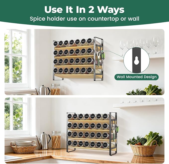 EsLuker.ly Spice Seasoning Rack Organizer Kitchen Countertop, 4 Tier Bamboo | Spice Shelf Holder Storage with 4 Hooks, Wall Mounted Freestanding Stand for Pantry, Quick Spice Access(Jars Not Included)