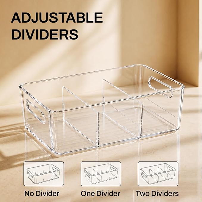 Mpotmiy 6 Pack Pantry Organizers and Storage,Clear Plastic Containers with 2 Dividers for Kitchen,Fridge Organization and Storage,Acrylic Bins for Pounches,Spice Packet,Snack organzier