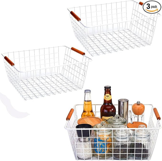 LeleCAT Large white wire baskets with Wooden Handles for storage pantry, Storage Organizer Baskets, Household Refrigerator for Cabinets, Closets, Bedrooms, kitchen - Set of 3 White