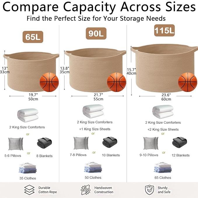 90L Extra Large Blanket Basket,Woven Rope Laundry Basket-Camel | Collapsible, reinforced handles, nursery storage bin organizes clothes, toys and pillows for living room, bedroom bathroom