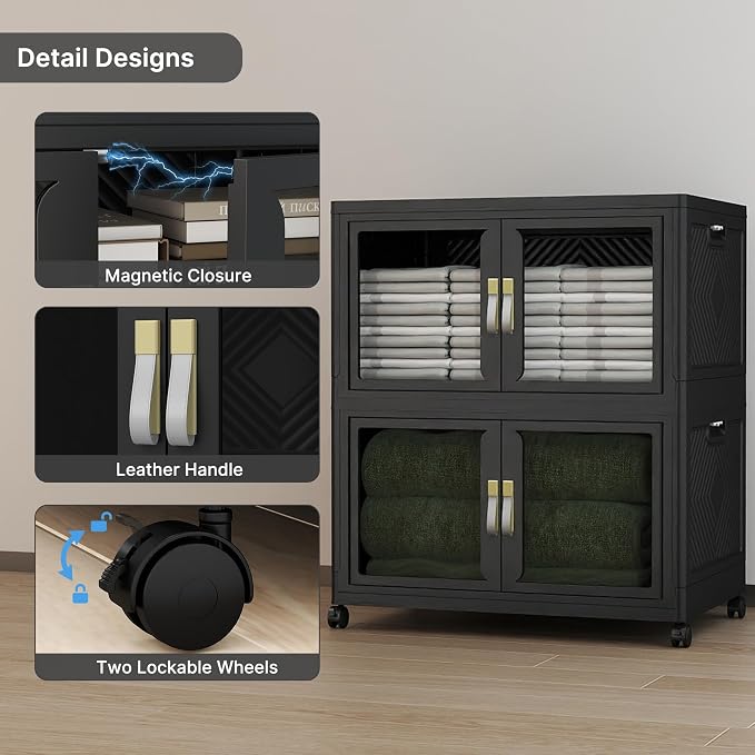 Stackable Storage Bins with Lids, 360QT Extra Large Storage Cabinet | Clear Doors, Foldable Storage Drawers, Heavy Duty, Collapsible Closet Organizers for Bedroom Office (2, Black, 180, Quarts)