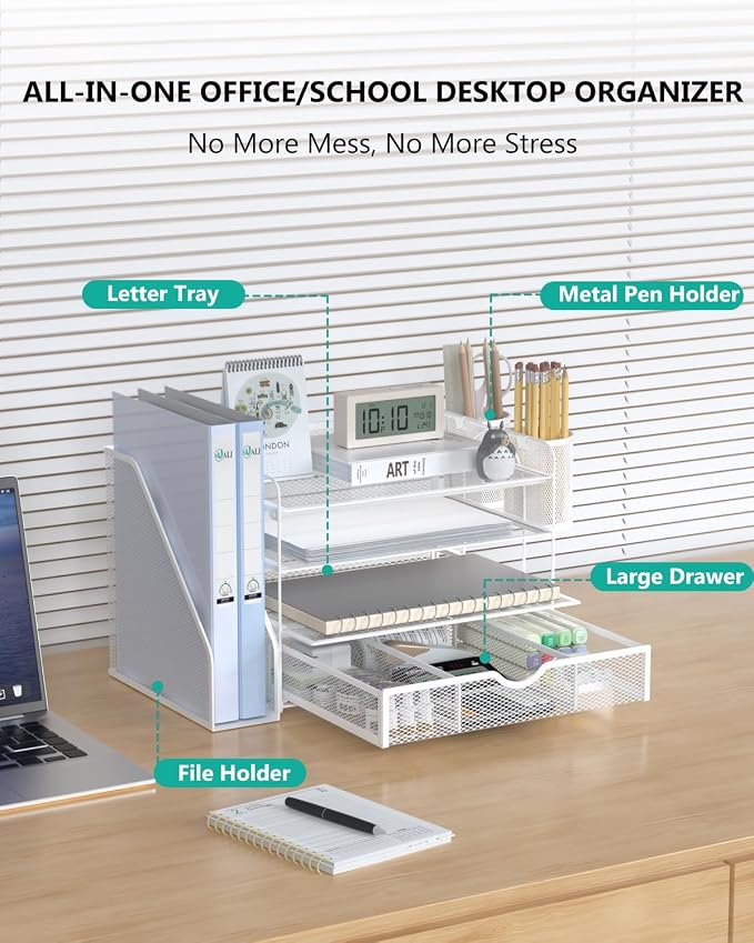 WALI Desk File Organizer, 4 Tier Desktop Paper Letter Tray Organizer with Drawer and 2 Pen Holders, Office Desk Accessories & Workspace Organizers for Office, Home Supplies(DO005DH-W), 1 Pack, White