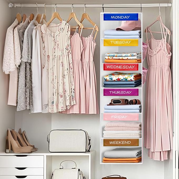 Weekly Clothes Organizer for Kids, 6-Shelf Hanging Closet Organizer with Colorful Labels, Space Saving Design with 2 Pockets, Daily Hanging Closet Shelves for Kids Room Storage, White