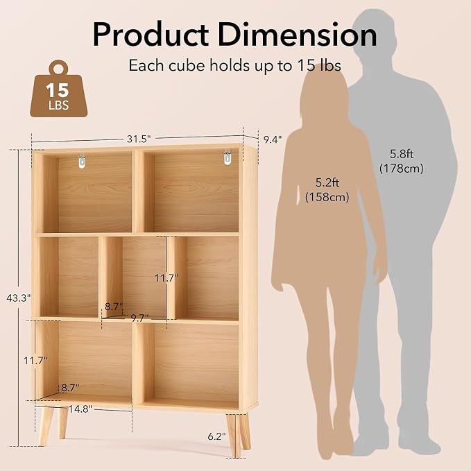 HealSmart 7 Cube Storage Organizer, 3 Tier Bookshelf with Legs, Free Standing Cube Bookcase for Living Room, Bedroom, Office, Wood