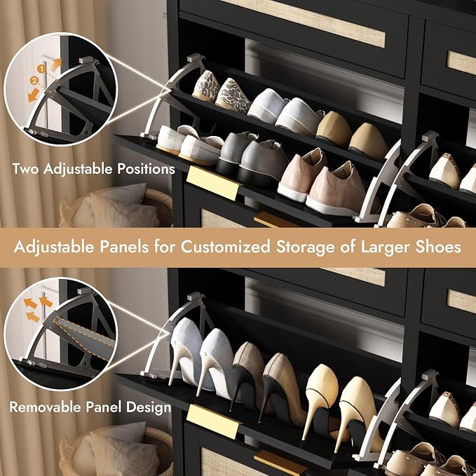 HOKYHOKY Large Rattan Shoe Storage Cabinet with 4 Flip Drawers & 2 Storages | Hidden Slim Shoe Organizer, Farmhouse Boho Narrow Shoe Rack, Large Tabletop Space, Entryway, Rustic Black