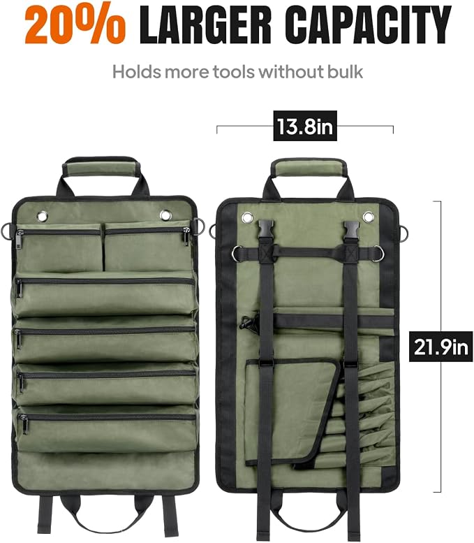 Tool Roll Up Bag, 1680D Heavy Duty Tool Bag Organizer with 2 Detachable Tool Pouches & Multiple Pockets, Waterproof Motorcycle Tool Roll for Mechanic & Electrician, Gift for Men Him Dad, 21.9"*13.8"
