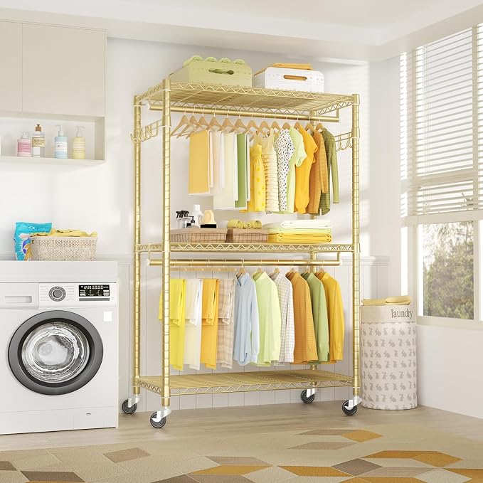 FUTASSI P1 Plus Rolling Clothes Rack, 22mm Diameter Heavy Duty Garment Rack | Clothing Rack with Wheels, Portable Closets with Shelves and Hanger Rods, 45"W x 17.7"D x 80.5"H, Load 524lbs, Gold