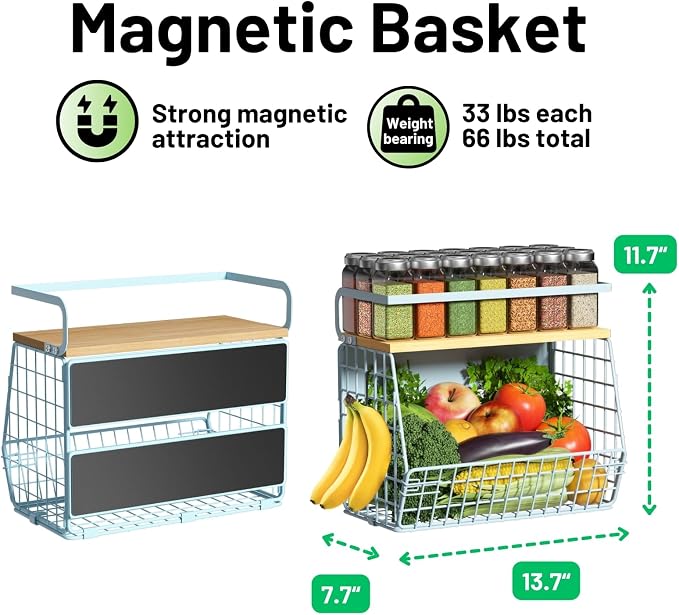 Magnetic Shelf for Fridge with Wood Lid, Fruit Potato and Onion Storage Bins, Pantry Organizers & Storage, Large Container Magnetic Spice Rack for Refrigerator, Kitchen Counter, Cabinet (Blue, 2)