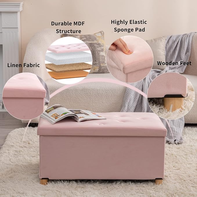 BRIAN & DANY 30 Inches Folding Storage Ottoman Bench, Ottoman with Storage for Living Room, with Wooden Feet and Lid, Pink