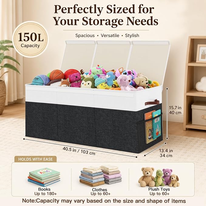 150L Extra Large Toy Storage Box with Lid for Boys Girls Nursery Playroom | Collapsible with Lid, Removable Divider, 40"x14"x16", Side Pockets, For Nursery, Living Room, Playroom