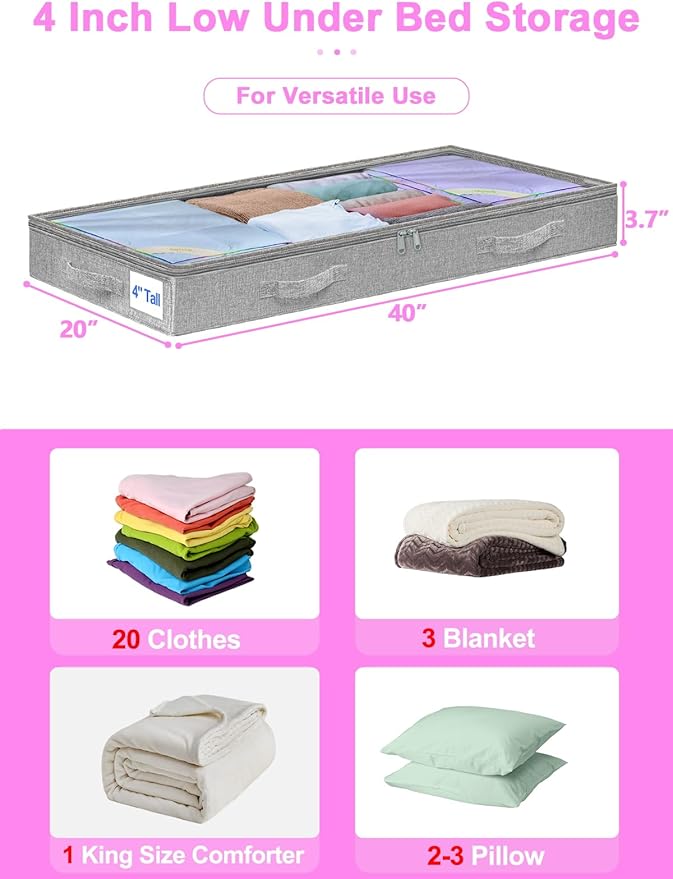 punemi 4 inch High Soft Low Profile Under Bed Storage Bins, 2 Pack, Grey | Foldable Clothes Storage Bag with Zippers & Clear Top, Shallow Design for Under Cabinet, Sofa, Crib & Bed Storage
