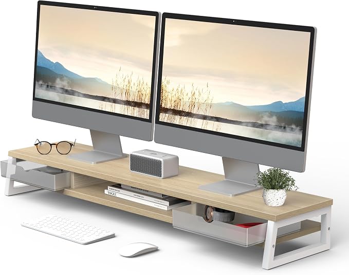 Fenge Dual Monitor Stand Riser, 42.5in Desk Shelf with 2 Drawers, Oak | 2-Tier Monitor Shelf for Desk, Storage Drawer with Stopper, Frosted, fit Home Office, Ultrawide Screen, PC, Laptop, TV