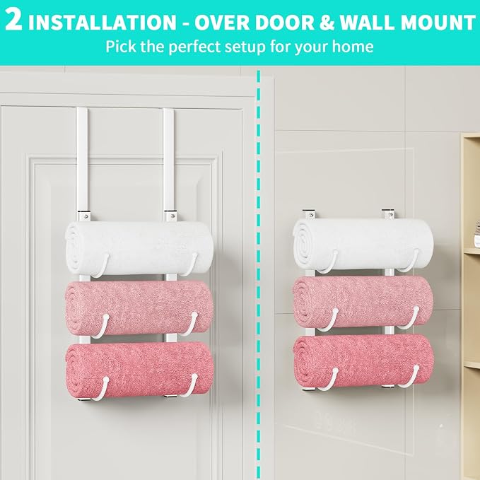 HapiRm Rolled Towel Racks for Bathroom - 3-Tier Over The Door & Wall Mounted Bathroom Towel Storage, Hanging Metal Organizer for Towels & Bath Sheets, Space Saving Rack for Bathroom, Camper, RV, White