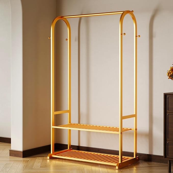 Gold clothing rack with bottom Storage shelves and 6 side hooks,Sturdy metal clothes rack for Hanging Clothes,Modern garment rack Wardrobe Rack for Bedroom or Boutique