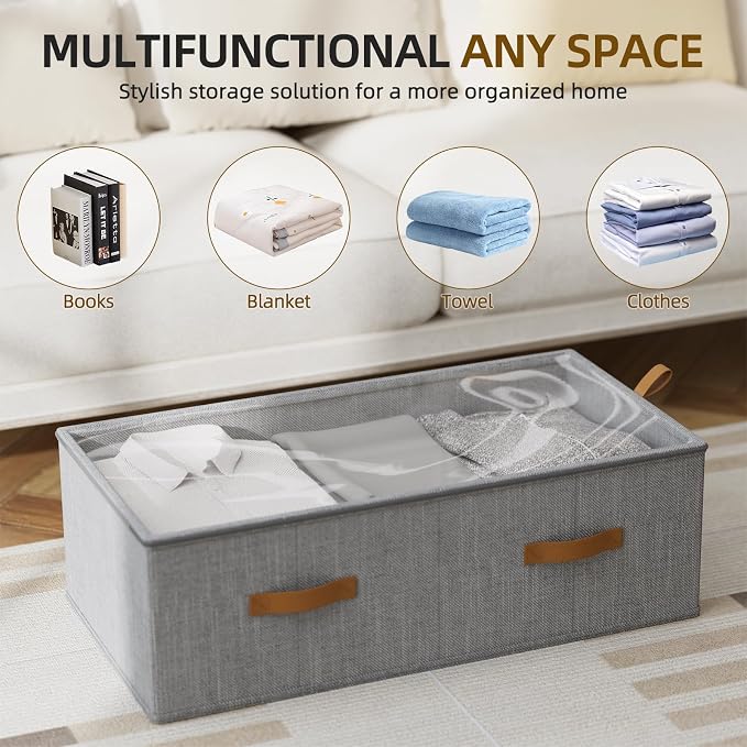 10inch 3 Pack Under Bed Storage Containers, 10 Inch Tall Underbed Clothes Storage Organizer Bin with Clear Window，Foldable Box Basket for Clothes, Closet, Bed Sheets and Blankets Light gray