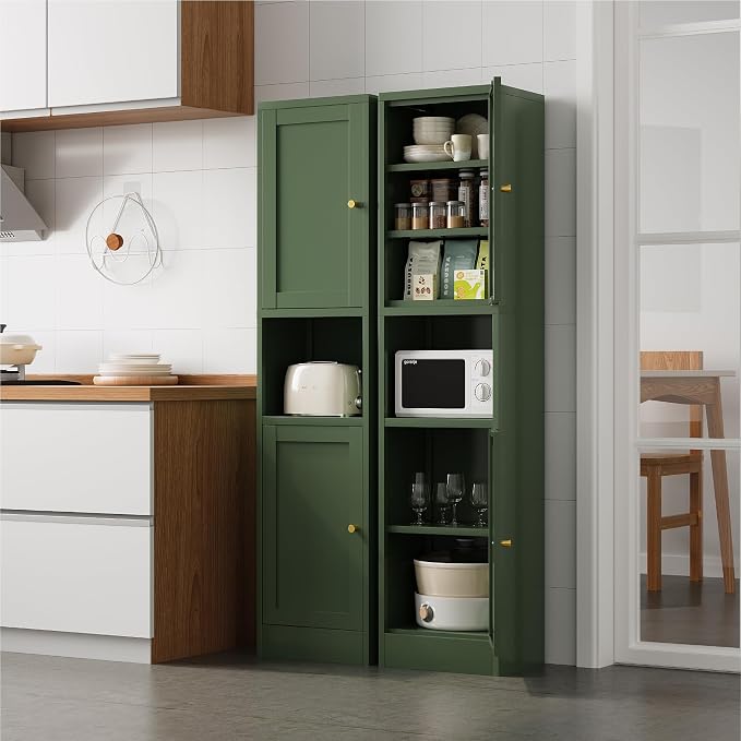 67" Tall Narrow Storage Cabinet with Doors and Open Shelf,Metal Pantry Cabinet,Shaker Style Slim Cabinet with Adjustable Shelves,for Bathroom Kitchen Laundry Small Spaces,Forest Green,1Pc