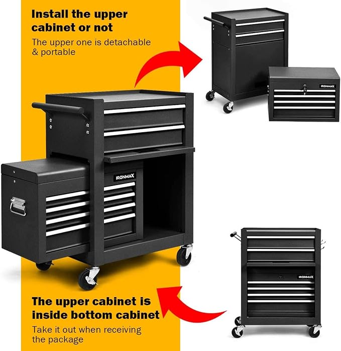 Goplus Tool Chest, 3-in-1 Rolling 6 Drawers Tool Cabinet with Detachable Top Toolbox, Middle Tool Storage, Universal Lockable Wheels, Protective Liner, Auto Lock, Metal Tool Box for Garage Workshop