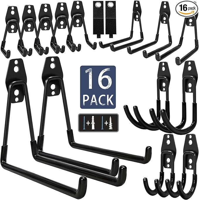 KOFANI Steel Garage Storage Hooks - 16 Pack Anti-Slip Coating, Heavy Duty Wall Mount Hooks for Hanging Bike, Ladder, Garden Tools