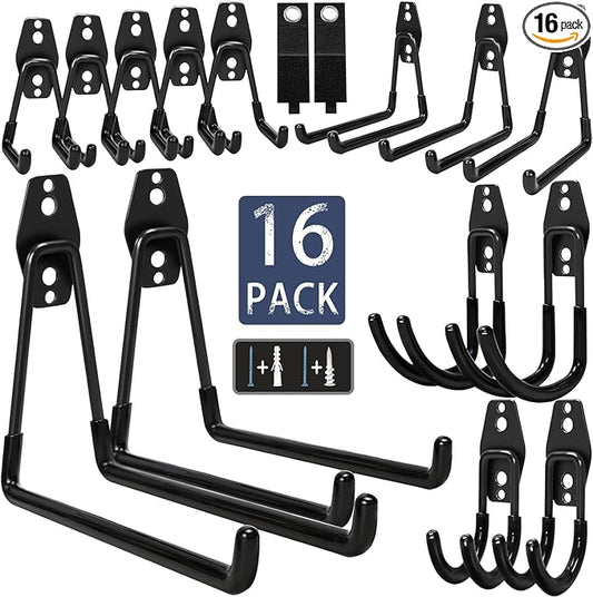 KOFANI Steel Garage Storage Hooks - 16 Pack Anti-Slip Coating, Heavy Duty Wall Mount Hooks for Hanging Bike, Ladder, Garden Tools