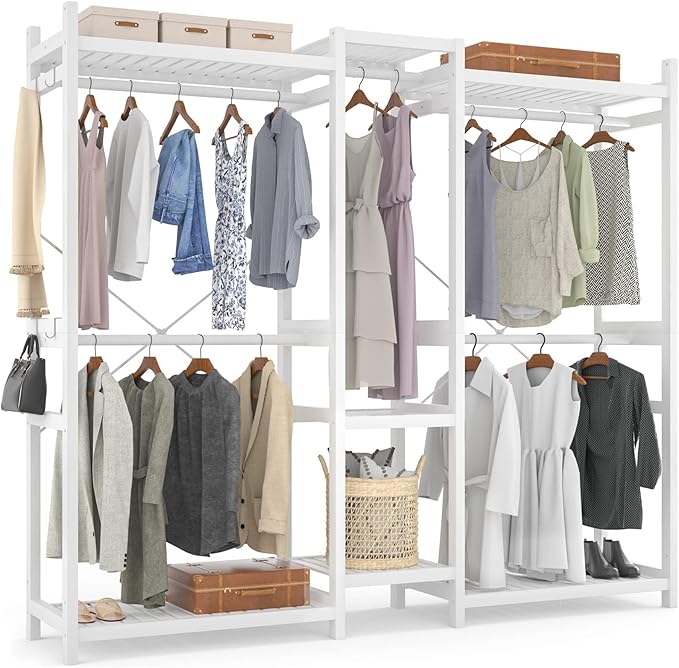 Bamboo Closet System Clothes Rack, Large Freestanding Garment Rack Clothing Rack for Hanging Clothes with 7 Storage Shelves and 5 Rods, Open Wardrobe Organizer with 4 Hooks, White