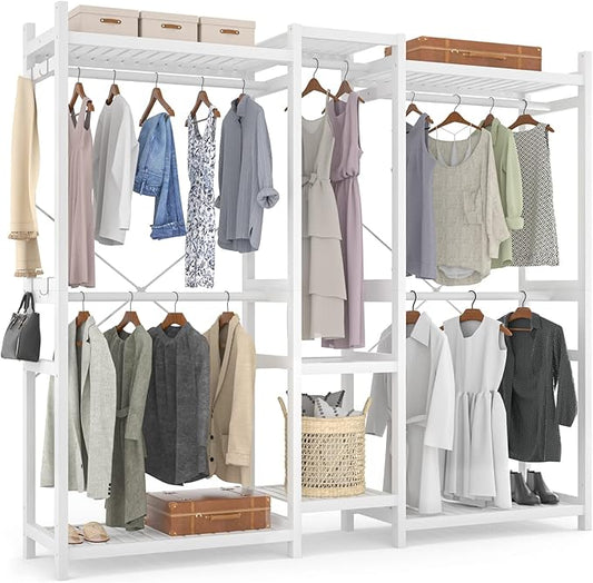 Bamboo Closet System Clothes Rack, Large Freestanding Garment Rack Clothing Rack for Hanging Clothes with 7 Storage Shelves and 5 Rods, Open Wardrobe Organizer with 4 Hooks, White