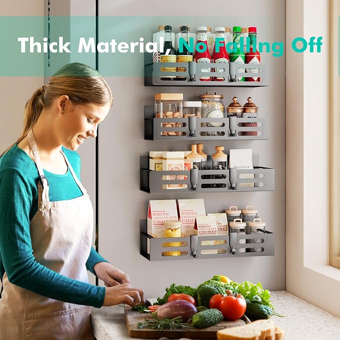 SETBAOO 4 Pack Magnetic Spice Rack for Refrigerator, Black Magnetic Shelf and Fridge Kitchen Storage Cabinet Organizers Seasoning Organization Mini Shelves, Organizadores de Cocina