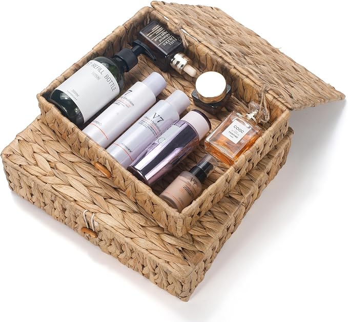 Wicker Storage Basket with Lid, Flat Water Hyacinth Baskets, Shallow Woven Basket for Shlef, Decorative Storage Boxes for Organizing