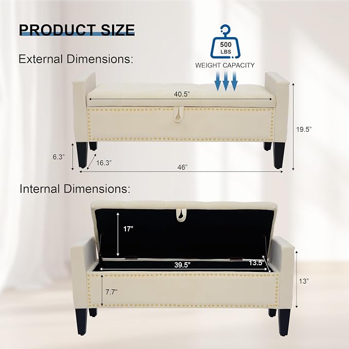 Storage Ottoman Bench, Velvet Upholstered Footstool, Beige | Frosted Flannel Seat with Storage, Wooden Legs & Metal Rivets, For Bedroom and Living Room